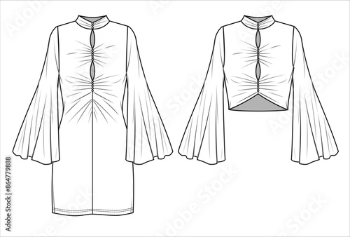 Vector turtle neck long bell sleeved top fashion CAD, woman winter dress with gathering details technical drawing, template, sketch, flat, mock-up. Jersey or rib fabric 2 pcs set in white color