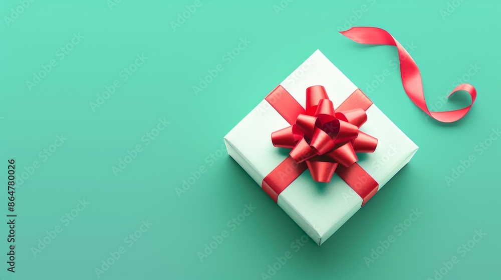 A white gift box with a red ribbon and bow on a mint green background, copy space, flat lay A white gift box with a red ribbon and bow on a mint green background, copy space, flat lay