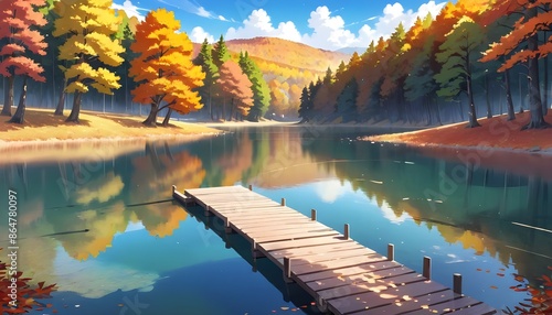 Serene lake with a wooden jetty surrounded by Autumn tree. Anime style illustration Generated by ai