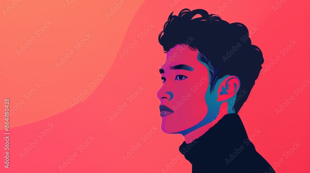 illustration of a young Asian man in a minimalist style, with neon colors on a neutral background, copy space illustration of a young Asian man in a minimalist style, with neon colors on a neutral background, copy space