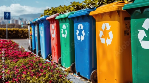 Colorful recycling bins lined up in an outdoor area, promoting waste segregation and environmental conservation.