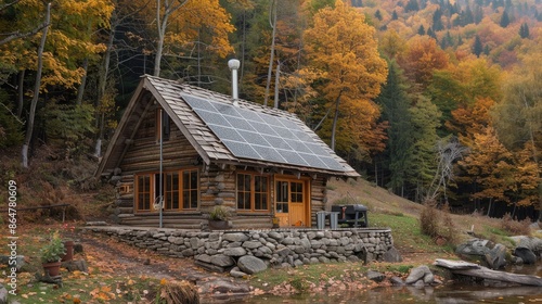 Cozy wooden cabin with solar panels in an autumn forest setting, surrounded by colorful fall foliage and nature's rustic beauty.