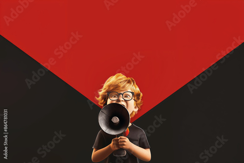 garçon roux à lunettes de face avec un mégaphone sur fond rouge et noir espace négatif copyspace, Soldes, Black Friday, promotions, annonces photo