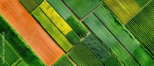 Aerial view of vibrant, colorful agricultural fields showcasing different crops and patterns, creating a stunning patchwork landscape. photo