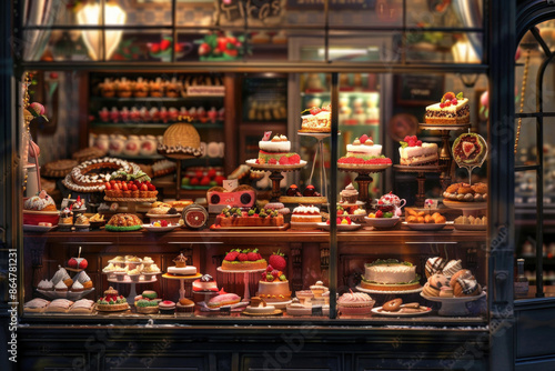 Pastry shop window brimming with delicious treats © Venka