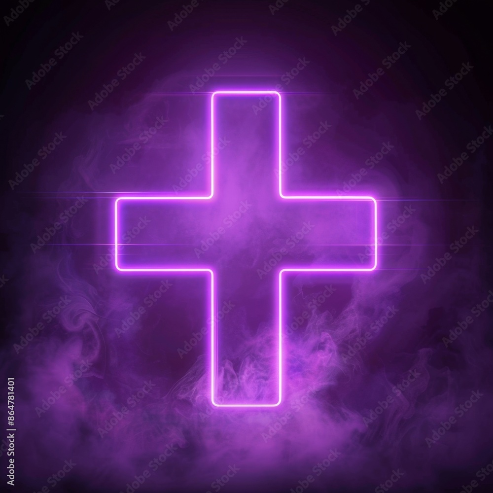 Fototapeta premium Abstract Medical Technology and Science Concept Featuring Neon Purple Cross on Healthcare Background: AI-Generated High-Resolution Wallpaper