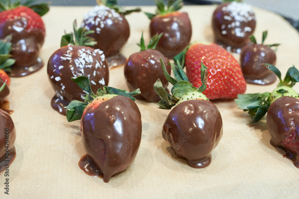 Strawberries dipped in chocolate on a baking sheet, selective focus Strawberries dipped in chocolate on a baking sheet, selective focus