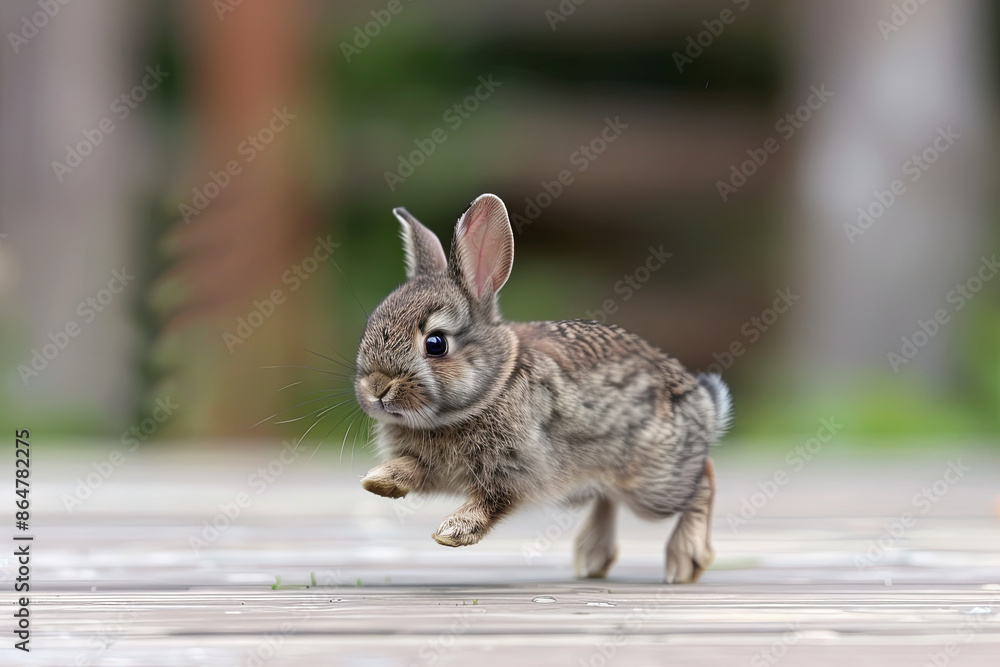 Fototapeta premium Baby rabbit hopping across a wooden surface, cute animal moment
