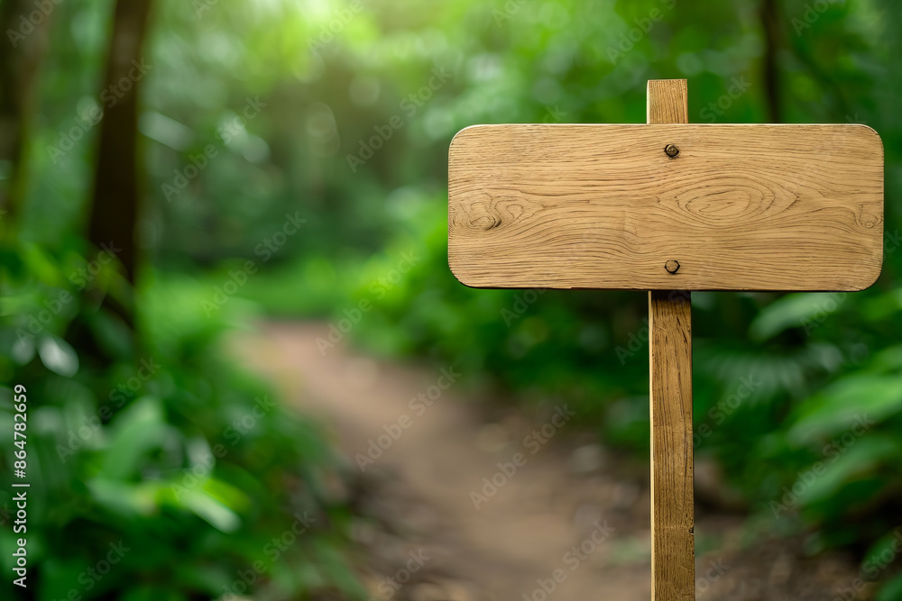Empty wooden signpost in a lush green forest, perfect for adding your own text or message. Nature background with a blurred pathway. Empty wooden signpost in a lush green forest, perfect for adding your own text or message. Nature background with a blurred pathway.