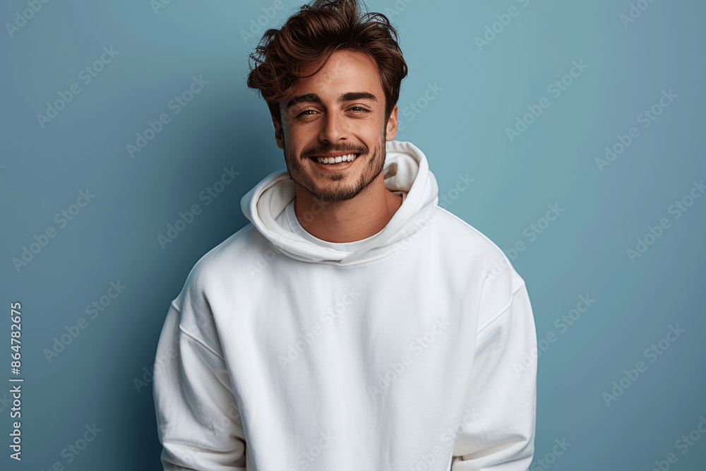 Fototapeta premium Handsome Man in White Sweatshirt Smiling on Blue Background Pullover Mockup Template for T-Shirt Design