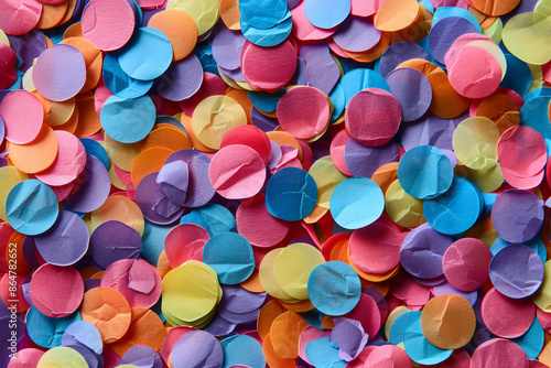 Colorful round confetti background. Background with colorful paper circles in the style of festive celebration or party decoration, top view.


