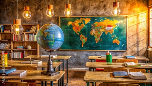 A colorful African classroom interior with a chalkboard displaying a globe, surrounded by textbooks, notebooks, and a few solar-powered lamps, symbolizing innovation. photo