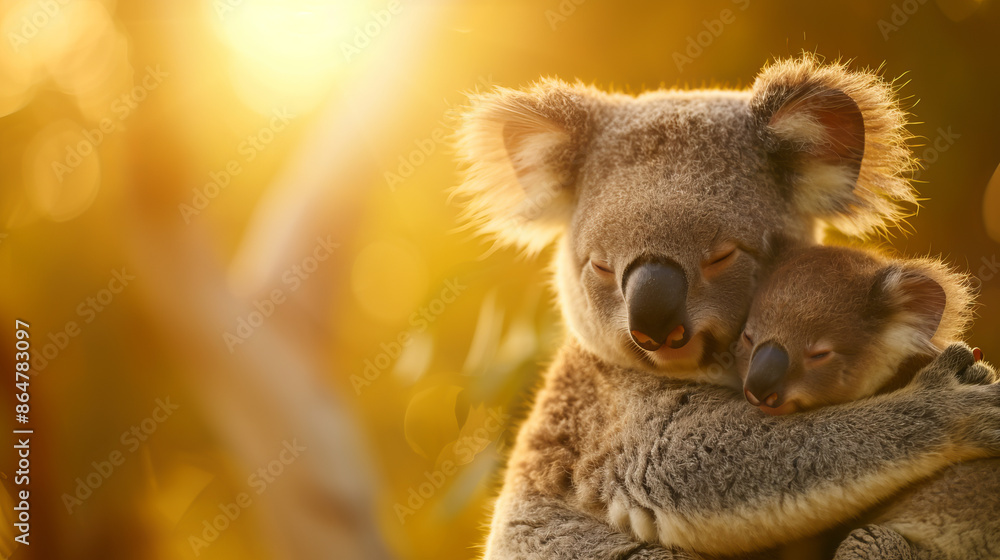 Heartwarming image of a koala mother lovingly embracing her baby in a sunlit forest setting, capturing a tender moment of wildlife connection. Heartwarming image of a koala mother lovingly embracing her baby in a sunlit forest setting, capturing a tender moment of wildlife connection.