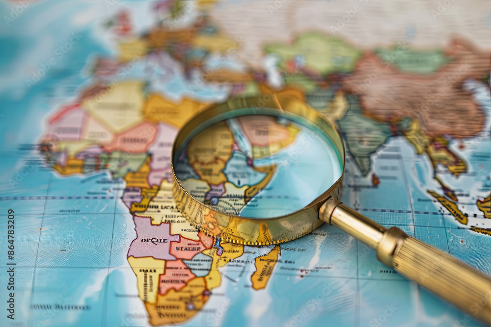 Magnifier with a world map, symbolizing global search and exploration Magnifier with a world map, symbolizing global search and exploration