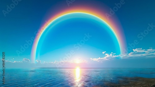 A rainbow is seen over the water with a blue sky.