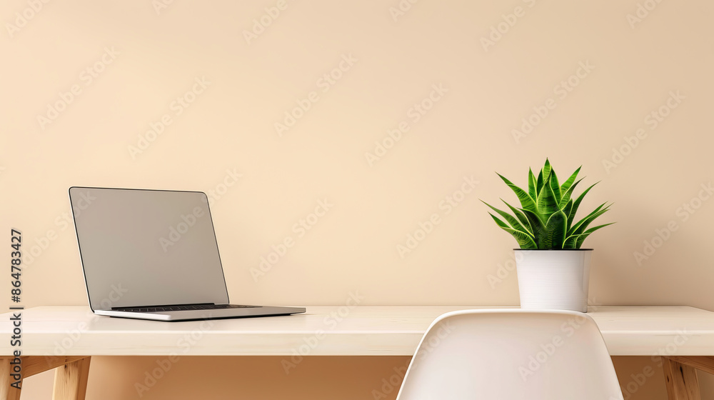 Minimalist workspace with laptop and plant on a wooden desk, set against a beige wall. Ideal for productivity and focus. Minimalist workspace with laptop and plant on a wooden desk, set against a beige wall. Ideal for productivity and focus.