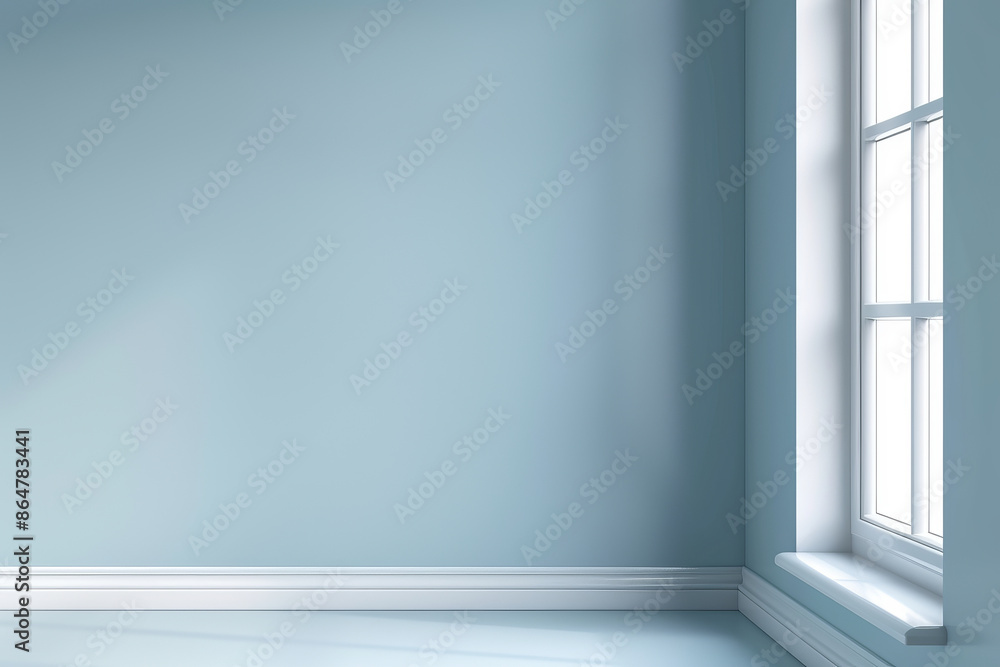 Fototapeta premium Minimalistic room interior with light blue walls and large bright window, offering a serene and peaceful atmosphere.