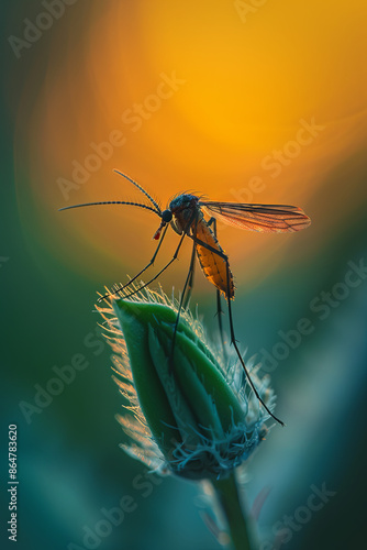 Macro shot of a fungus gnat on a plant, insect photography photo