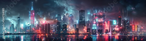 Futuristic Cityscape With Illuminated Towers and Cloud Cover at Night