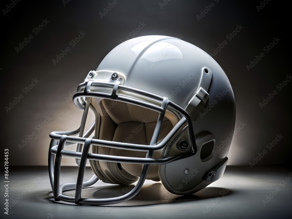 Naklejka premium A solitary, lacquered white football helmet sits majestically on a smooth, dark grey background, its curves and lines accentuated by soft, even lighting.