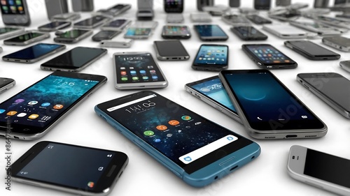 Many mobile phones on a white background