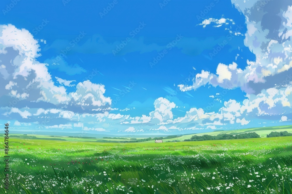 Grass Field landscape with blue sky and white cloud. Blue sky clouds sunny day wallpaper. Cartoon illustration of a Grass Field with blue sky in Summer. green field in a day. Grass Field landscape with blue sky and white cloud. Blue sky clouds sunny day wallpaper. Cartoon illustration of a Grass Field with blue sky in Summer. green field in a day.