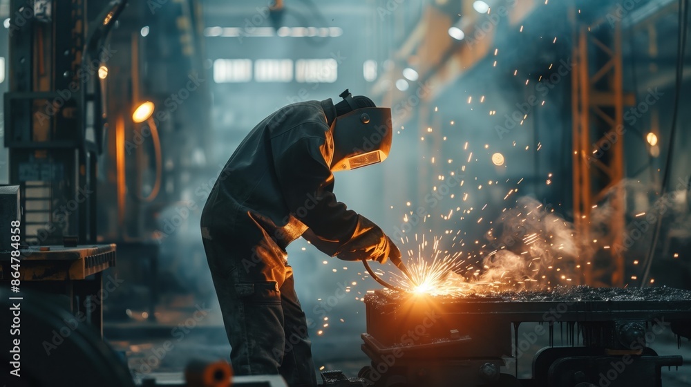 Industrial Worker Welding Metal in Factory with Sparks Flying in Dimly Lit Workshop Industrial Worker Welding Metal in Factory with Sparks Flying in Dimly Lit Workshop
