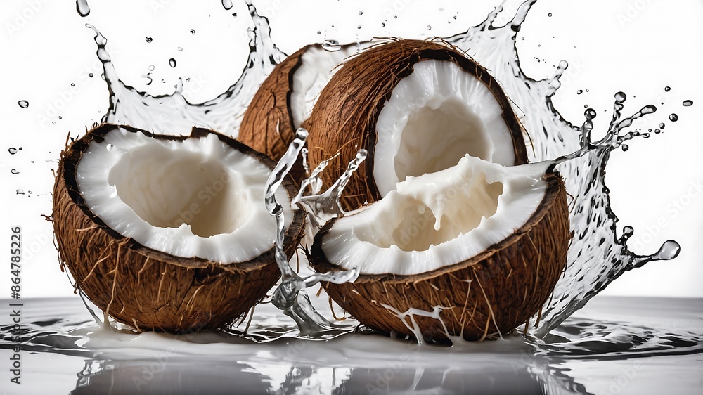 Fresh coconut with splash of coconut milk on white background Fresh coconut with splash of coconut milk on white background