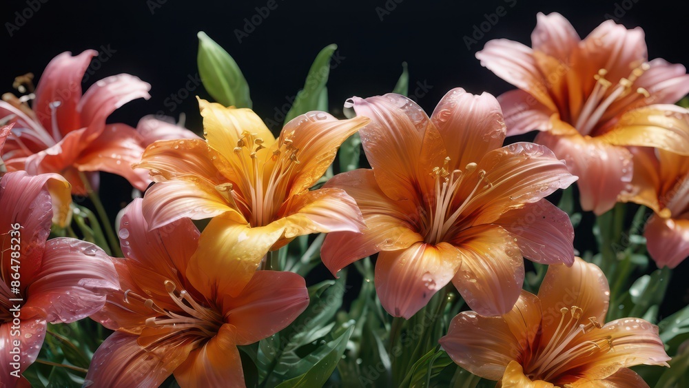 Orange Lily Flowers with Water Droplets. Orange Lily Flowers with Water Droplets.