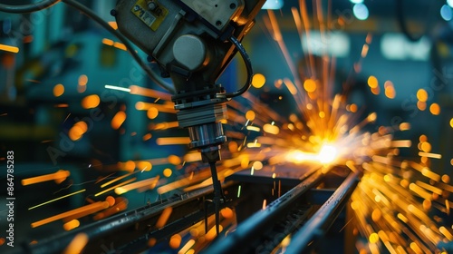 Industrial Robotic Arm Welding Metal with Sparks in Modern Factory Setting