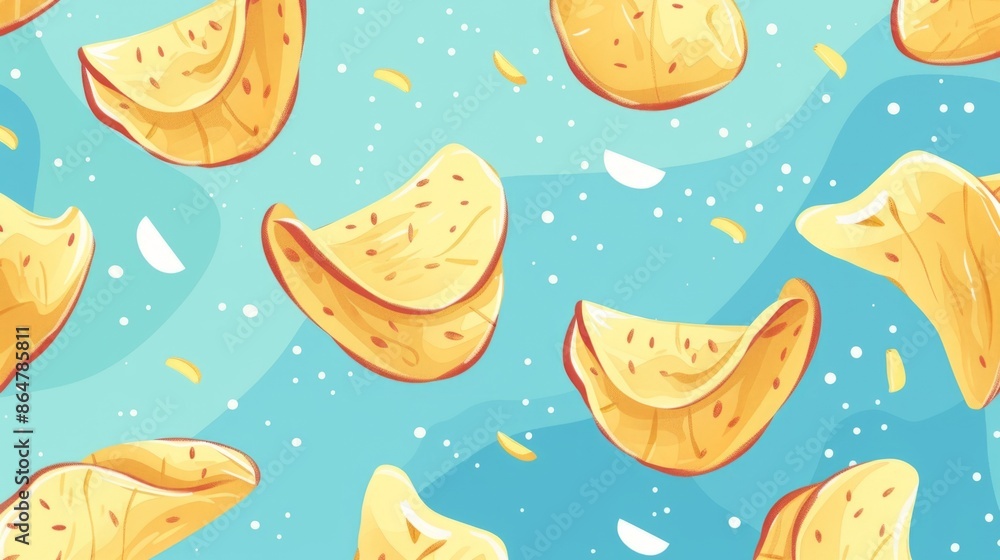 A cute illustration of potato chips falling on a pastel blue background A cute illustration of potato chips falling on a pastel blue background