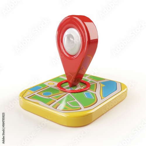 Colorful 3D map icon with a red location pin representing navigation, travel, and GPS technology. photo