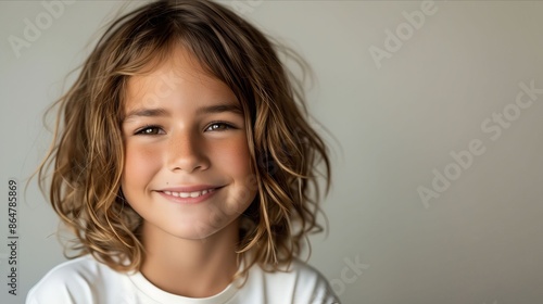 A young girl with long hair smiling. photo