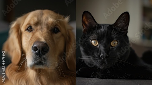 A golden retriever and a black cat, both with intelligent and calm expressions. Natural indoor lighting, © Polypicsell