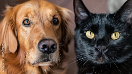 A golden retriever and a black cat, both with intelligent and calm expressions. Natural indoor lighting, © Polypicsell