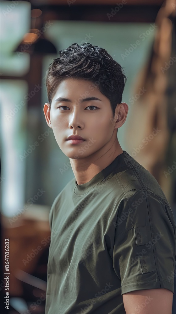 A young man in a green shirt looking at the camera. A young man in a green shirt looking at the camera.