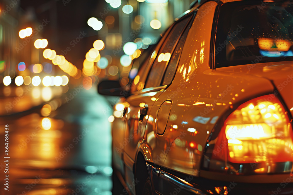 Taxi car driving at night, urban transportation Taxi car driving at night, urban transportation