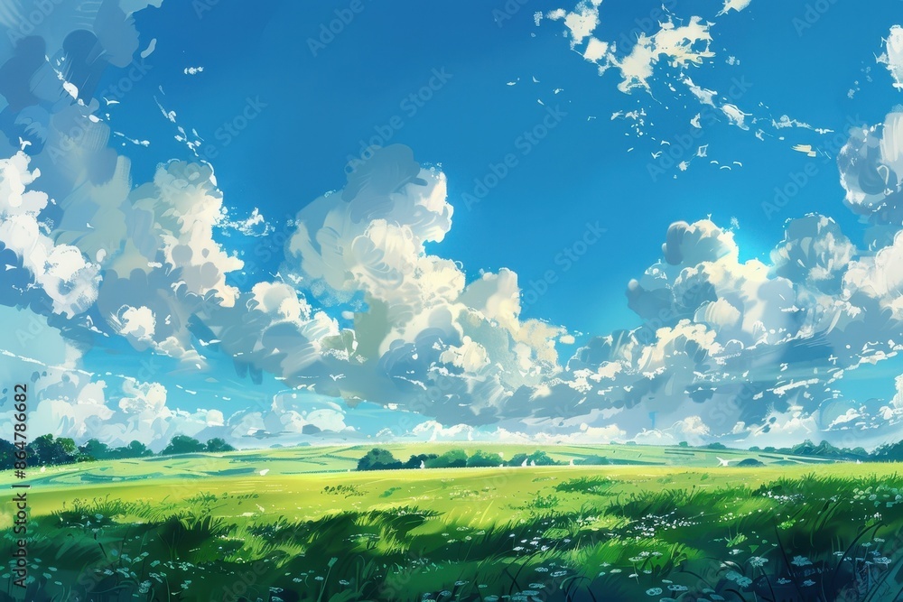 Grass Field landscape with blue sky and white cloud. Blue sky clouds sunny day wallpaper. Cartoon illustration of a Grass Field with blue sky in Summer. green field in a day. Grass Field landscape with blue sky and white cloud. Blue sky clouds sunny day wallpaper. Cartoon illustration of a Grass Field with blue sky in Summer. green field in a day.