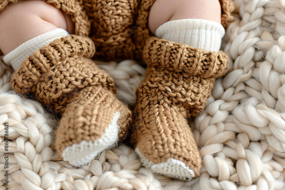 Detailed view of baby legs wearing cozy knitted slippers, cute infant clothing Detailed view of baby legs wearing cozy knitted slippers, cute infant clothing