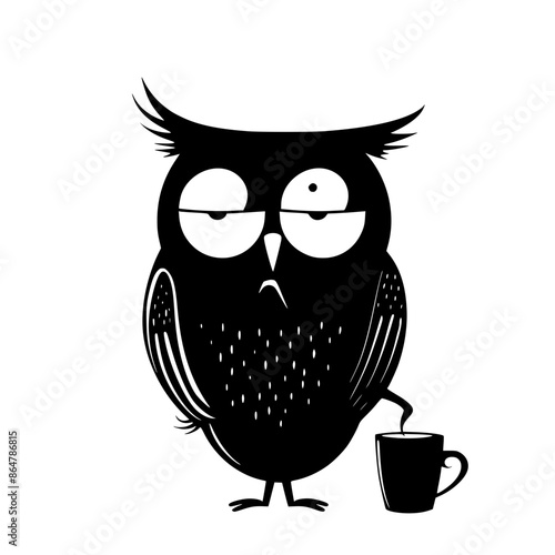 Sleepy Owl with Coffee Cup Illustration, Black and white illustration of a sleepy owl holding a steaming coffee cup, capturing morning exhaustion and caffeine dependence.
