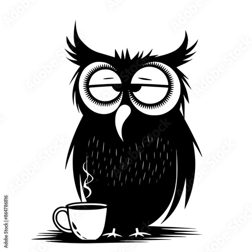 Sleepy Owl with Coffee Cup Illustration, Black and white illustration of a sleepy owl holding a steaming coffee cup, capturing morning exhaustion and caffeine dependence.
