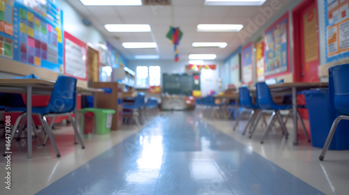 Blurred view of an empty classroom with desks and chairs, ready for students.