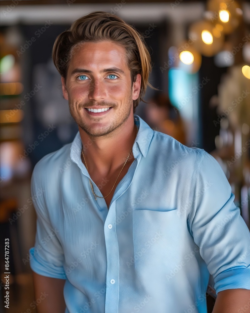 Obraz premium A man in a blue shirt smiling at the camera.