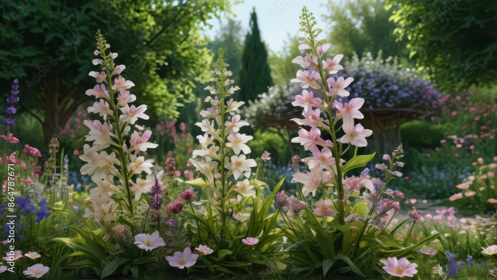 Delicate Pink and White Flowers in a Lush Garden Delicate Pink and White Flowers in a Lush Garden