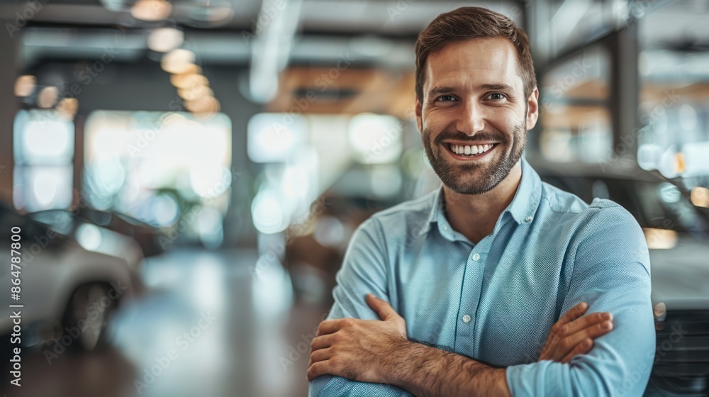 Fototapeta premium Salesman or Cheerful car dealer handshake with customer in modern car showroom