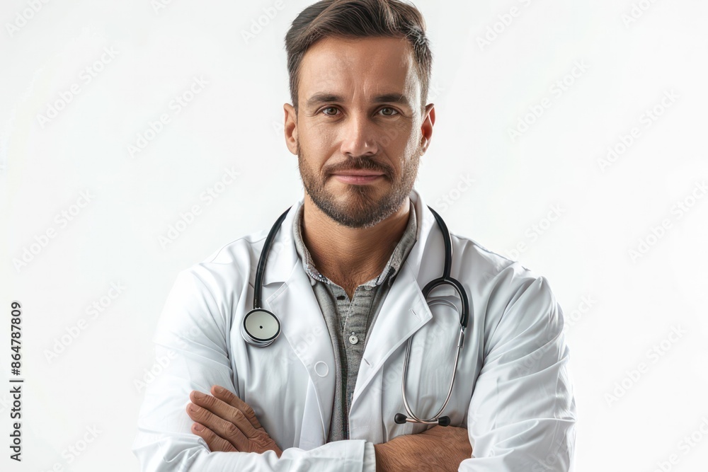 A man in a white coat is posing for a picture A man in a white coat is posing for a picture