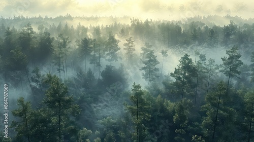 Aerial view of a forest with morning mist, peaceful and calming, muted colors, soft lighting, detailed, photo-realistic