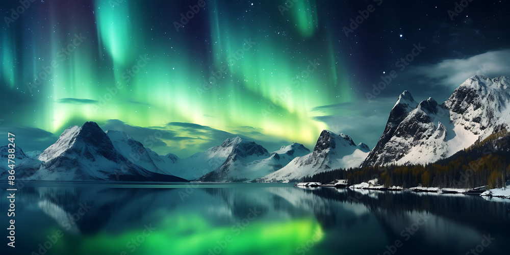 Image of mountains and rivers with the Aurora in the mountain range, which symbolizes freedom and travel. Image of mountains and rivers with the Aurora in the mountain range, which symbolizes freedom and travel.