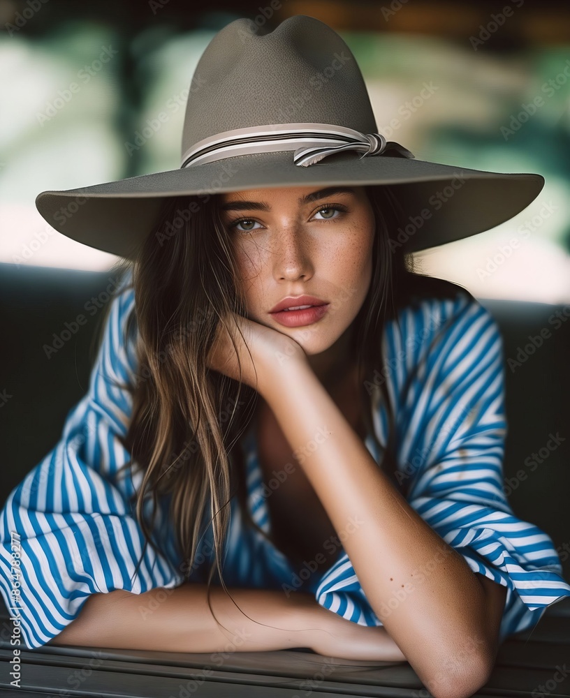 A beautiful woman wearing a hat and blue shirt. A beautiful woman wearing a hat and blue shirt.