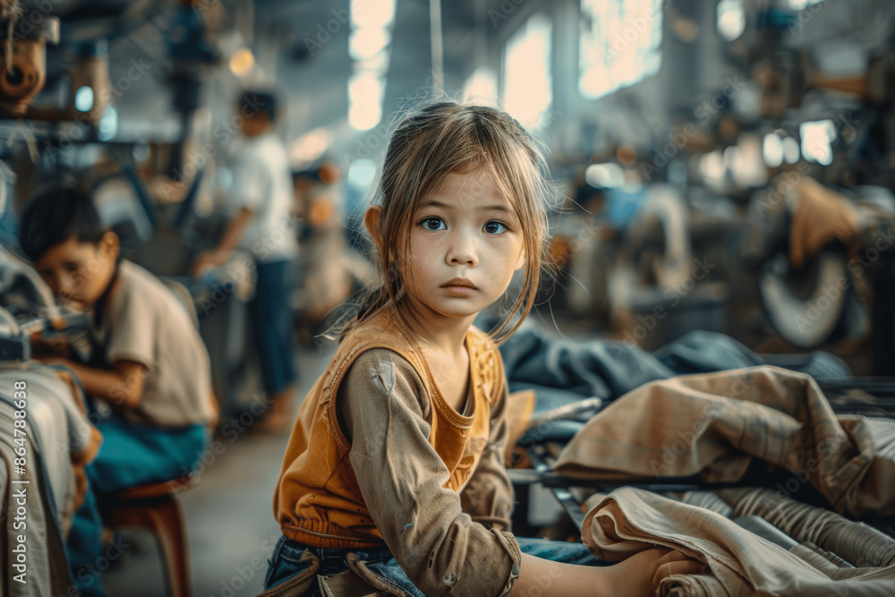 Young girl in sweatshop textile factory with blurred workers, illegal child labour concept, documentary style, Asian, resilience in adversity, Canon EOS R5, F2, ISO300 Young girl in sweatshop textile factory with blurred workers, illegal child labour concept, documentary style, Asian, resilience in adversity, Canon EOS R5, F2, ISO300